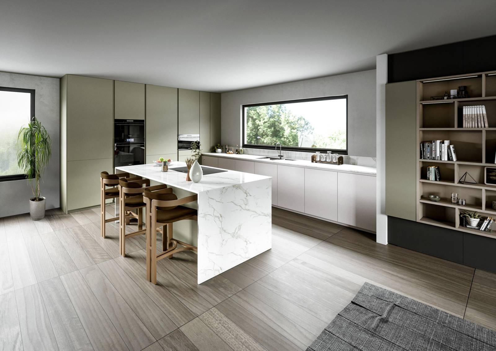 Cuisine moderne sur mesure avec îlot central et meubles de salon assortis