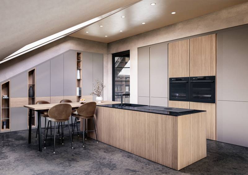 Conception de cuisine avec ilôt et table intégrée sur le Havre