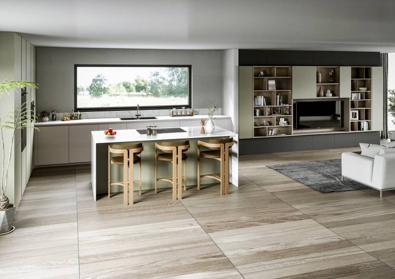 Cuisine moderne sur mesure avec îlot central et meubles de salon assortis